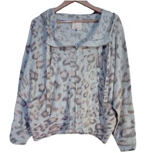 rebecca taylor hooded leopard print zip up sweater wool cashmere blend
